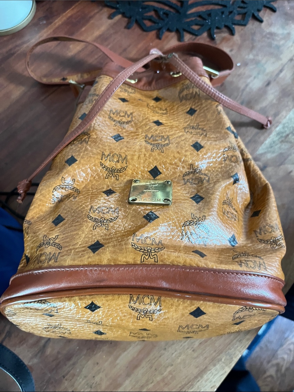 MCM Cognac Visetos Coated Canvas Drawstring Backpack with Brown Trim